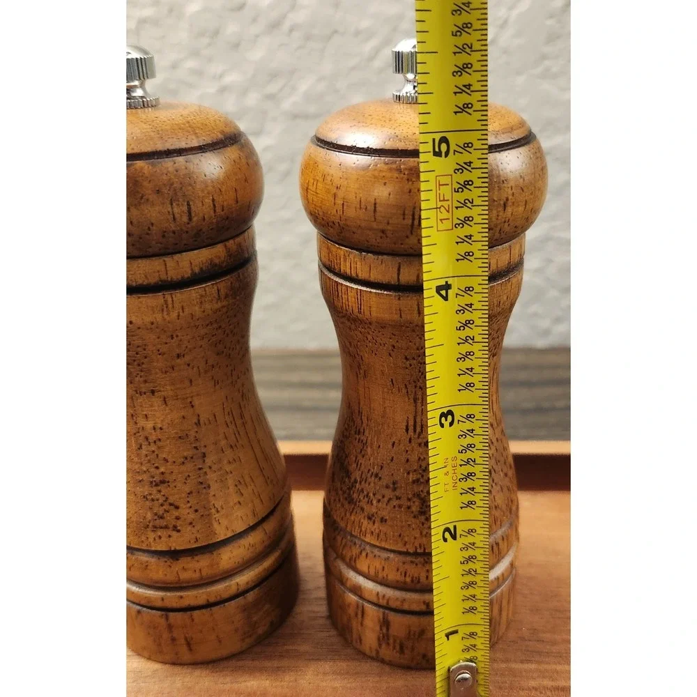 Set Wooden Salt Shaker and Pepper Mill Grinders, Tray & Spoon Rest New!